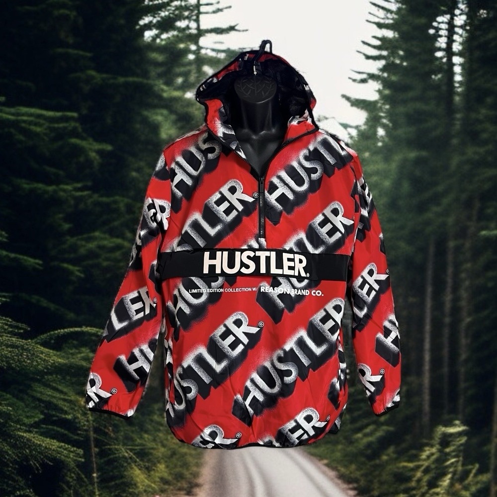 Reason Hustler Jacket Windbreaker Half-Zip Anorak Red Black Hooded Allover Print